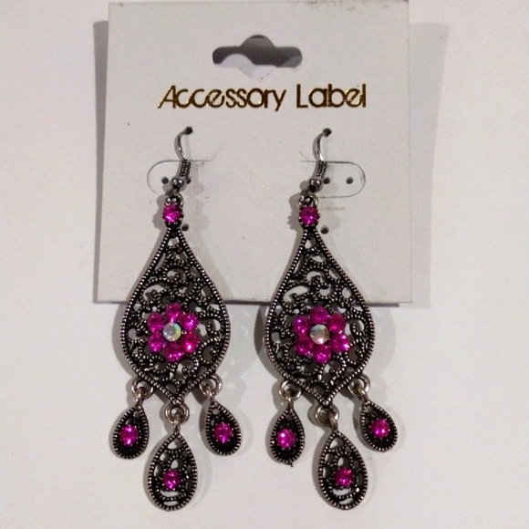 Boho Filigree Pink Crystal Fringe Drop Earrings – Women’s Statement Jewelry, 3" - Picture 3 of 10